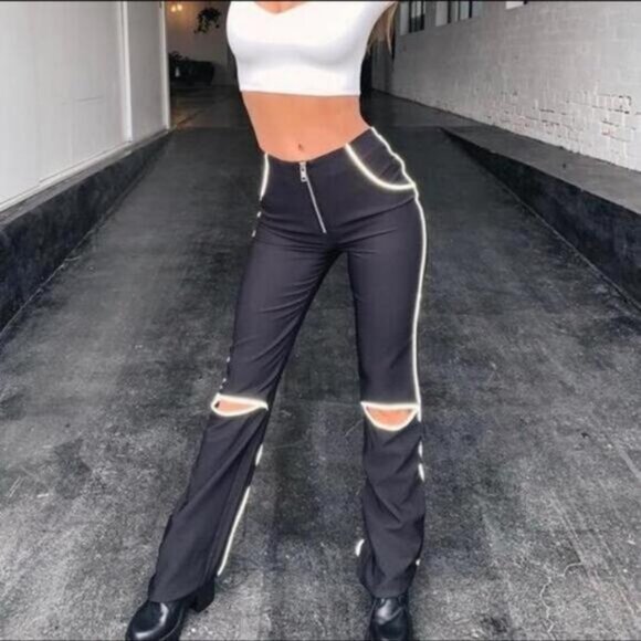 I.AM.GIA Black High Waist Reflective Trim Cut Out Knee Jet Pants Small - Picture 2 of 7